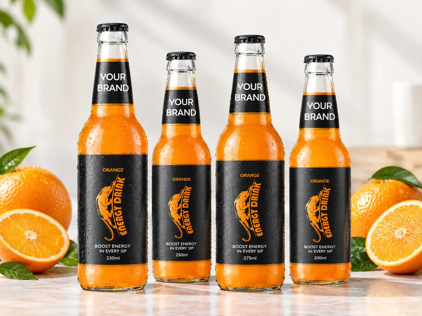 ENERGY DRINK Orange flavour in 330ml, 250ml, 275ml and 200ml glass bottles.